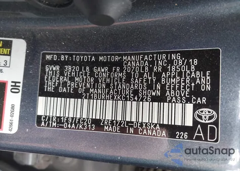 2019 Toyota Corolla Se из США, поврежденный, VIN 2T1BURHEXKC154726